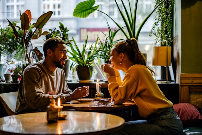 Man and woman catching up over coffee on the weekend