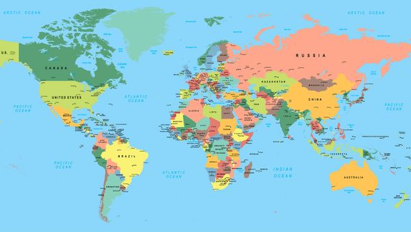 Cartographic world map of land vectors.