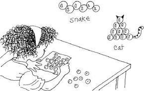 Illustration of a girl making animals with marbles