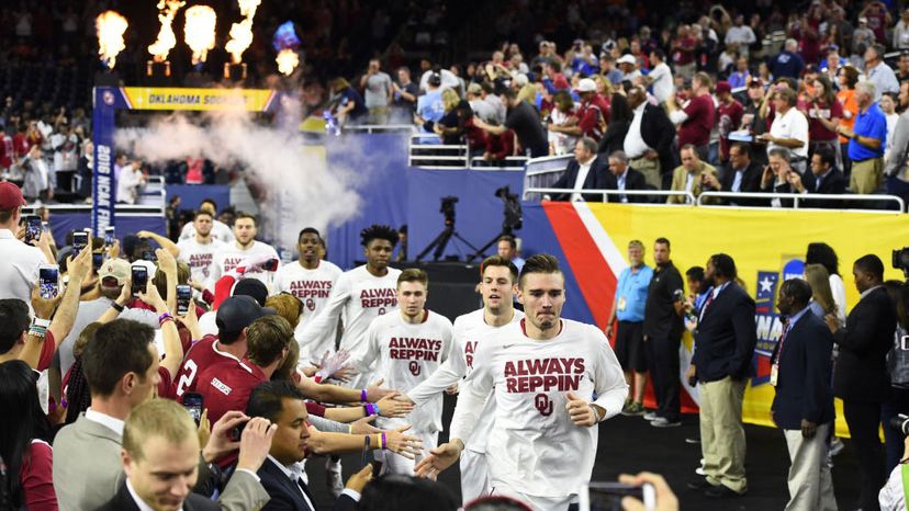 The University of Oklahoma team enters the court before the 2016 NCAA Men's Division I Basketball Championship Final Four held at NRG Stadium in Houston. Brett Wilhelm/NCAA Photos via Getty Images