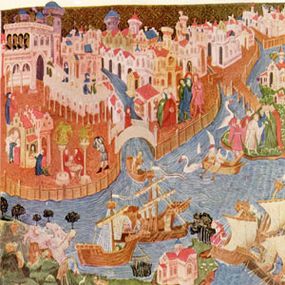This print from a 14th-century miniature shows the Polos leaving Venice en route to China.