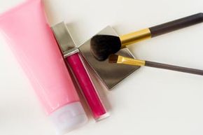 Lotion and cosmetics in makeup bag