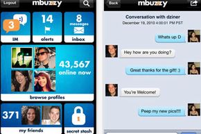 Mbuzzy用来推销它的iPhone应用程序的样板屏幕给人一种轻浮有趣的印象，但用户应该始终警惕在网上与陌生人过度分享。＂border=