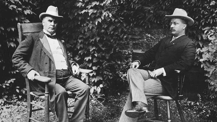 william mckinley, theodore roosevelt, seated outdoors