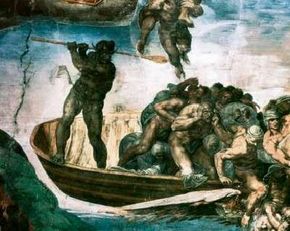 Charon is a detail from Michelangelo's Last Judgment(fresco 48 x 44 feet) within the Sistine Chapel, Vatican.