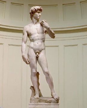 Michelangelo's David, a marble sculpture standing tall, is one of Michelangelo's. See more pictures of works by Michelangelo.