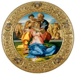 米开朗基罗的多尼麦当娜是一幅用木头和树脂制成的蛋彩画(总直径47-1/2英寸，框架)，可以在佛罗伦萨乌菲齐画廊看到。＂width=