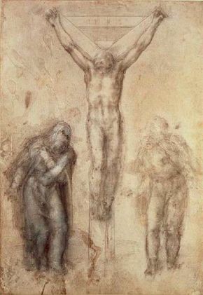 Crucifixion (1940s-50s) by Michelangelo is a blackand white chalk drawing (16-3/8 x 11-1/4 inches),which is on display at the British Museum.