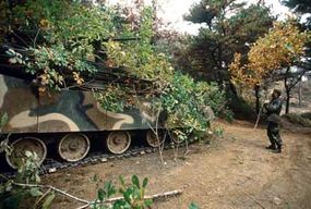 A Republic of Korea Army soldier camouflages his tank with tree branches as part of a battle-simulation exercise.