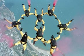 美国空军金骑士队是一支经验丰富的降落伞队，在许多活动中表现。请参阅我们的军用喷气机图片集。“width=