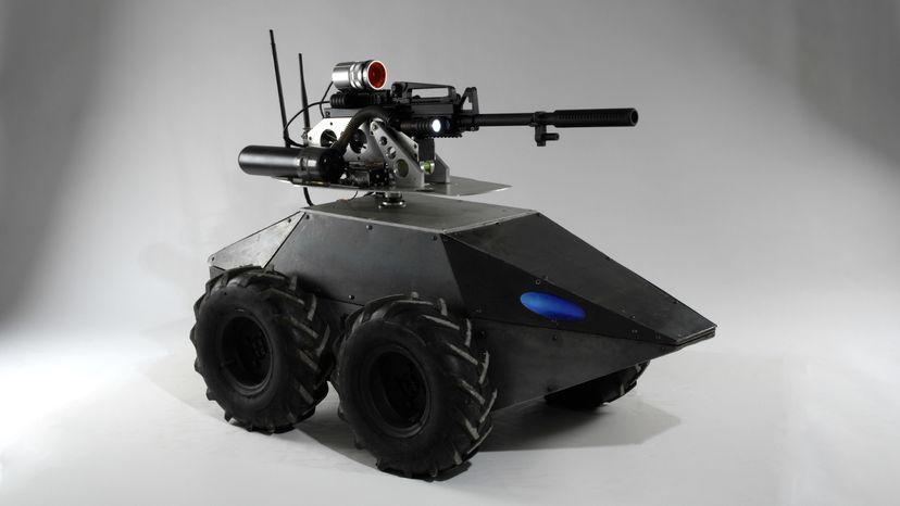 A black military robot tank