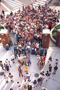 Eager fans pour into the DBAP for a Bulls game.