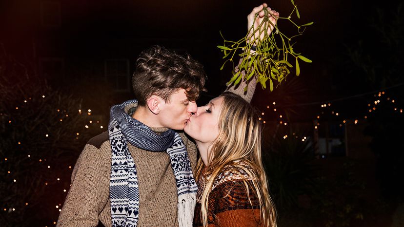 Couple kissing under mistletoe