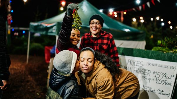 Son kissing mother on cheek under mistletoe while shopping for Christmas tree