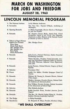 1963年8月28日在华盛顿举行的“争取工作和自由大游行”;金博士是第16位发言人。＂border=