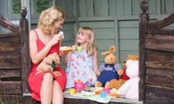 mother, daughter, tea, stuffed animals