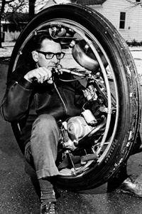 Inventor LaFrance Bressen saw an old poster from the 1920s showing a one-wheel motorcycle, so he built himself one in Galesburg, Mich. on Nov. 25, 1969. He sits inside a 36-inch wheel powered by a 50cc motorcycle engine.