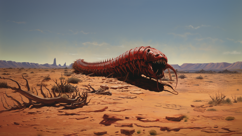An enormous red worm scurries across a barren desert