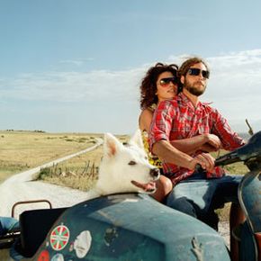 Couple on scooter with dog in sidecar, on country road.