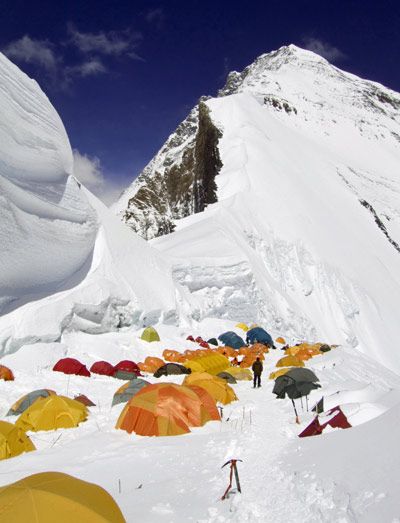 Tent pitched in deep snow on Mount Everest, Tibet