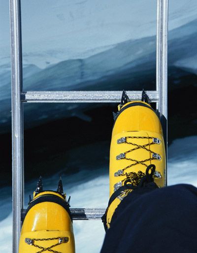 View of crevasse from a ladder in the Khumbu Icefall.