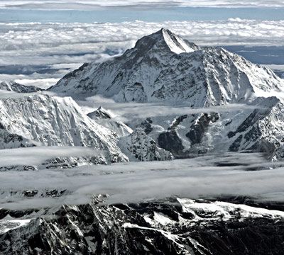 The summit of Mount Everest covered in snow.