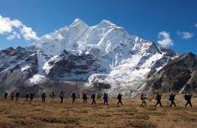 A group trekking near Mt. Everest.