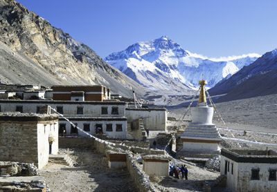 Rongbuk Monastery with Mount Everest on horizon the horizon.