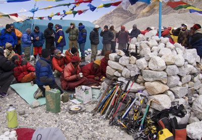 Puja ceremony at Mt Everest base camp, Tibet.