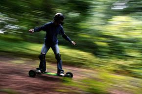 Mountain boards in wooded area. 