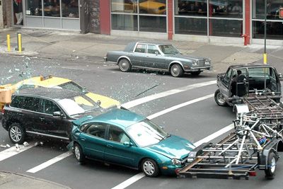 Filming a multiple car crash on the set of The Bourne Ultimatum.