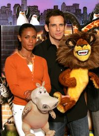 Press junkets such as this one for "Madagascar" are used to promote films. Jada Pinkett-Smith and Ben Stiller show off some of the tie-ins for the animated film.”border=