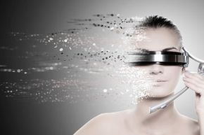 Woman wearing futuristic head apparatus with disintegration effect