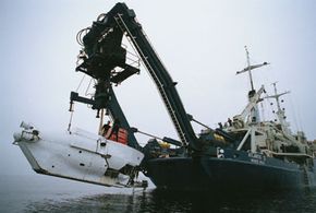 A research submersible is lowered into Monterey Bay in 2006.