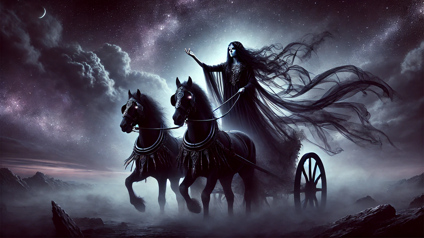 Illustration of a dark, veiled woman riding a chariot drawn by two horses at night