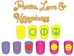 The peace, love, and happiness nail art design includes a peace sign, heart, and happy face.