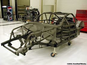 The frame of a NASCAR race car before the body is installed