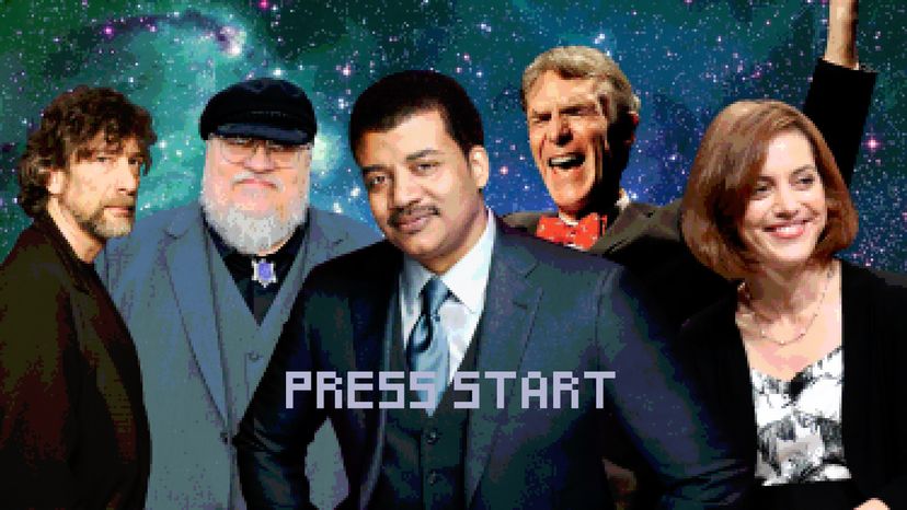 Astrophysicist Neil deGrasse Tyson (center) has recruited some big names from the fields of literature and science, including (L to R) authors Neil Gaiman and George R. R. Martin, science educator Bill Nye and astronomer Amy Mainzer to help design a new video game. FilmMagic/Fox/Ulf Andersen/Steve Jennings/Frederick M. Brown/Getty Images