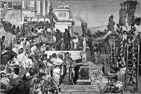 In this engraving, Nero presides over the burning of Christians at the stake.