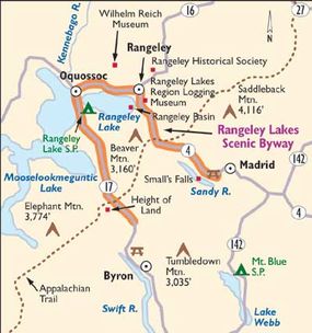 This map details Rangeley Lakes Scenic Byway.