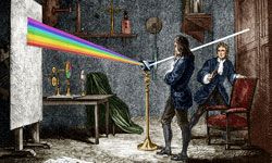 牛顿用玻璃棱镜使光分散。“border=