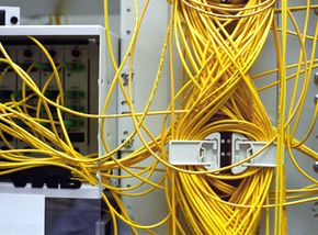 Wires on the machinery in the Network Operating Center, from which broadband access is distributed to customers in the borough of Kutztown, Pa.