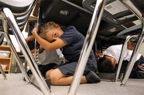 2011年，旧金山参加“加州大地震”演习的三年级学生躲在课桌下。＂border=