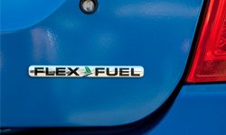 The Flex Fuel logo on a Ford Fusion car parked on the lot at the Serramonte Ford dealership in Colma, Calif.