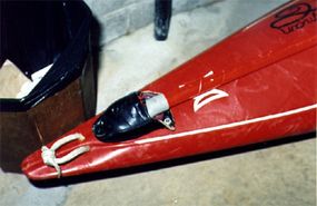 Sharp's red kayak, found on the Canadian side of Horseshoe Falls with just a small dent
