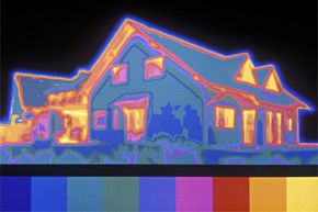 With thermal infrared, it's pretty easy to see the areas of this house that are losing heat. The brighter colors represent areas of heat loss.