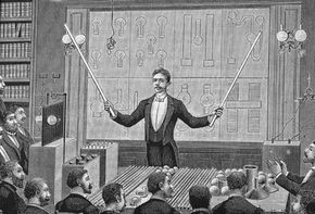 An engraving shows inventor Nikola Tesla delivering a lecture to the French Physical Society and The International Society of Electricians in the 1880s. 