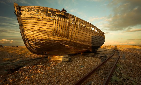 Abandoned rusty nautical vessel overtaken by nature.