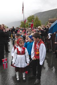 Children wearing bunad, traditional Norwegian costume, for a Constitution Day parade on May 17th.