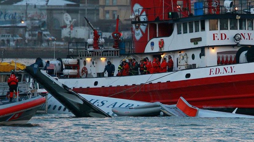 U.S. Airways Flight 1549 gets an assist from a New York City Fire Department boat on Jan. 15, 2009, the same day it ditched in to the Hudson River. Mario Tama/Getty Images